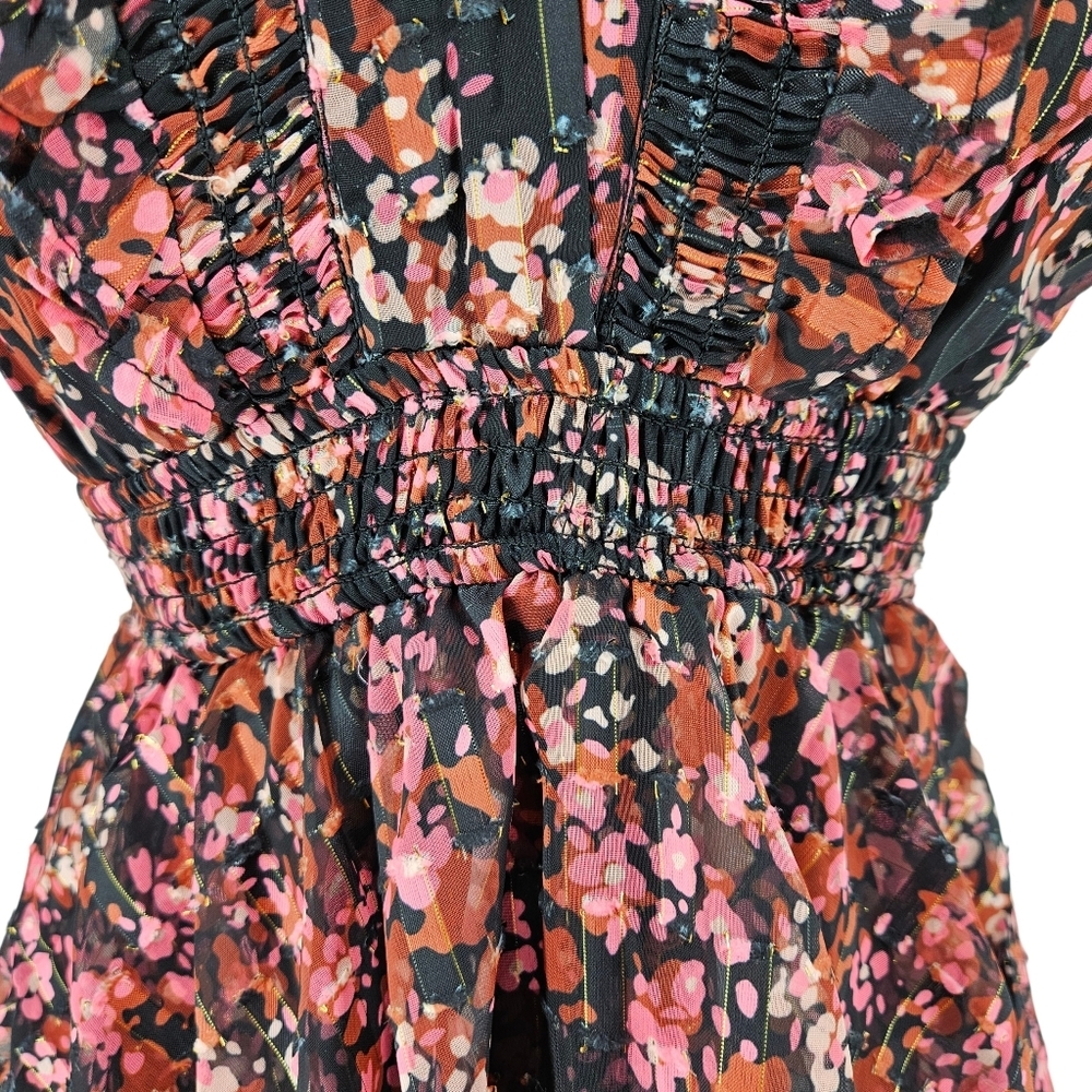 Hale Bob Jade Fit Flare Tiered Midi Dress Floral Ruffle Short Sleeve V Neck XS - Picture 7 of 11